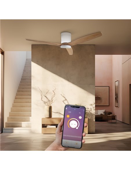 Ventilador techo inteligente Kasama con luz CCT regulable y mando Ø132 3 aspas DC Blanco