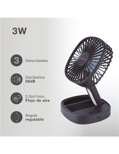 Mini ventilador de mano plegable Coober con luz USB recargable Negro