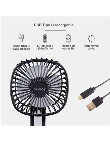 Mini ventilador de mano plegable Coober con luz USB recargable Negro