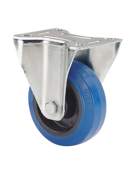 Rueda fija de goma, con placa y eje de rodillos, color azul, carga máx. 100 kg, ø 10 cm