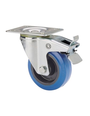 Rueda giratoria de goma con placa, eje de rodillos y freno, color azul, carga máx. 130 kg, ø 12,5 cm