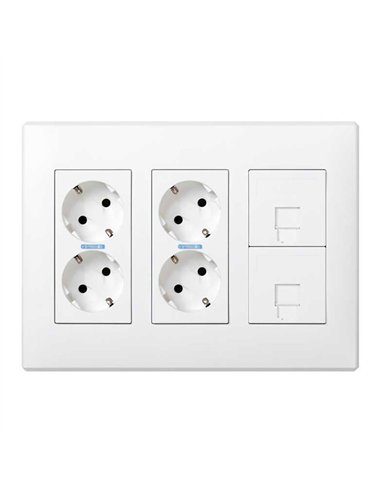 Caja con 4 schuko + 2 rj45, 500 cima superficie o empotrar blanca