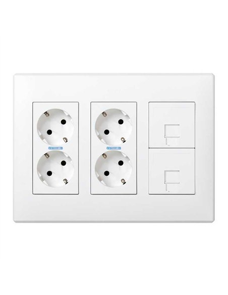 Caja con 4 schuko + 2 rj45, 500 cima superficie o empotrar blanca
