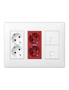 Caja con 2 schukos blancos + 2 schukos rojos + 2 rj45 500 cima superficie o empotrar blanca