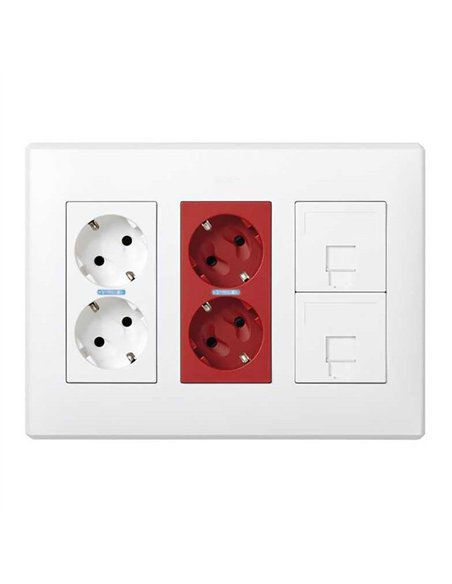 Caja con 2 schukos blancos + 2 schukos rojos + 2 rj45 500 cima superficie o empotrar blanca