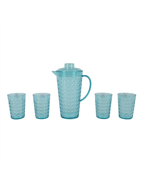 Jarra con 4 vasos, color azul, diseño bolas