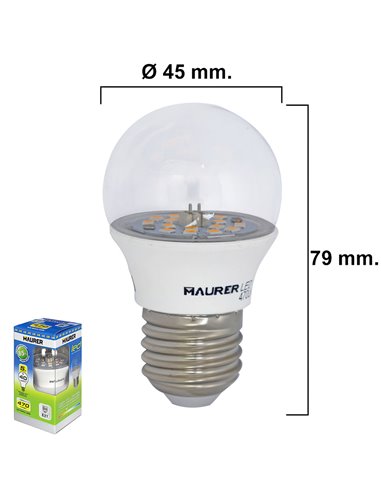 Bombilla Led Esferica Transparente Rosca E27 5 W. 40 W. 470 lúmenes.Luz calida. (3000°K).