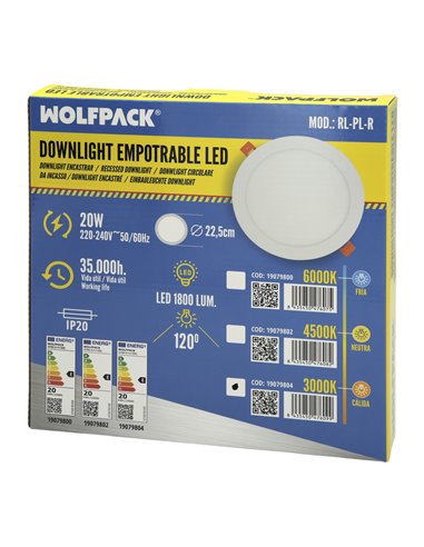 Downlight Led Empotrar 20 Watt 1800 Lumenes 3000K