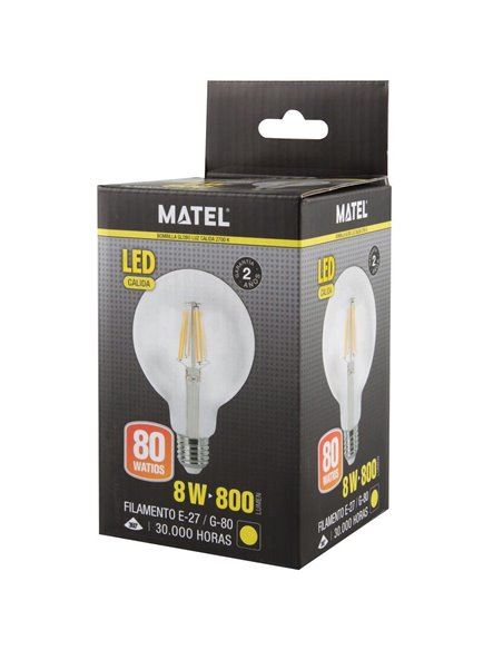 Bombilla LED Globo Filamento Matel E27 G80 8W Luz Cálida