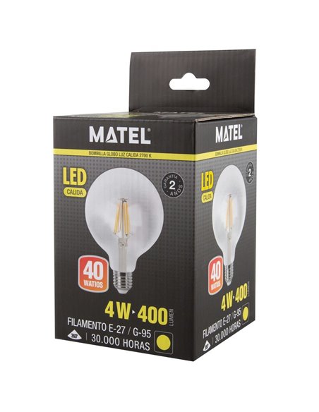 Bombilla LED Globo Filamento Matel E27 G95 4W Luz Cálida