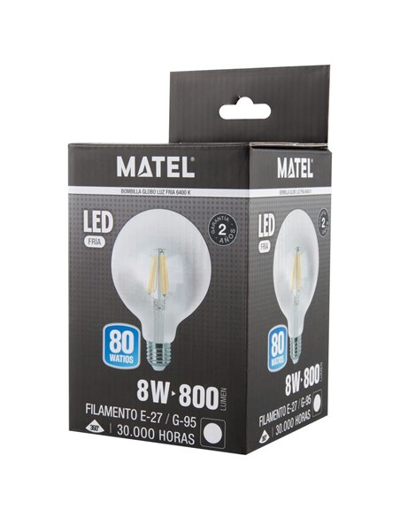BOMBILLA LED GLOBO FILAMENTO MATEL E27 G95 8W FRÍA CLARA
