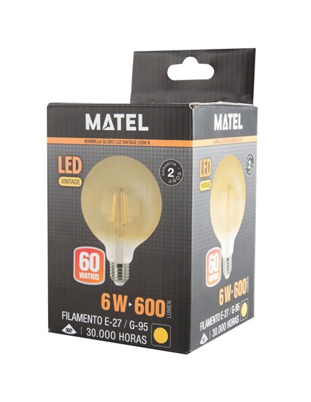 Bombilla LED Globo G95 Filamento Vintage MateL E27 6W