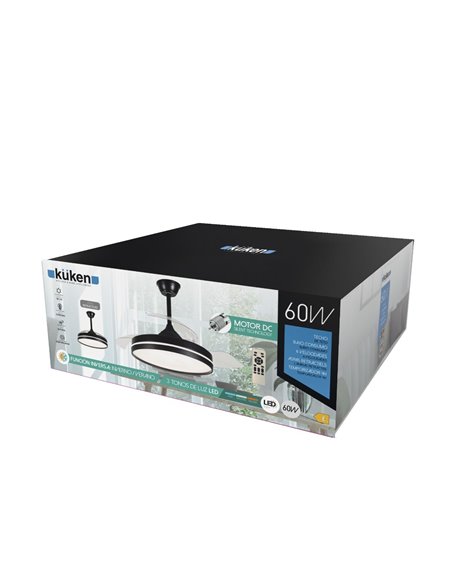 Ventilador de Techo DC Negro con Luz LED y 3 Aspas Retráctiles