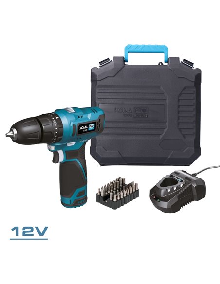 Kit maletín taladro percutor 12 v con accesorios, bateria y cargador