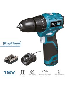 Kit maletín taladro percutor brushless 12 v con accesorios, bateria y cargador