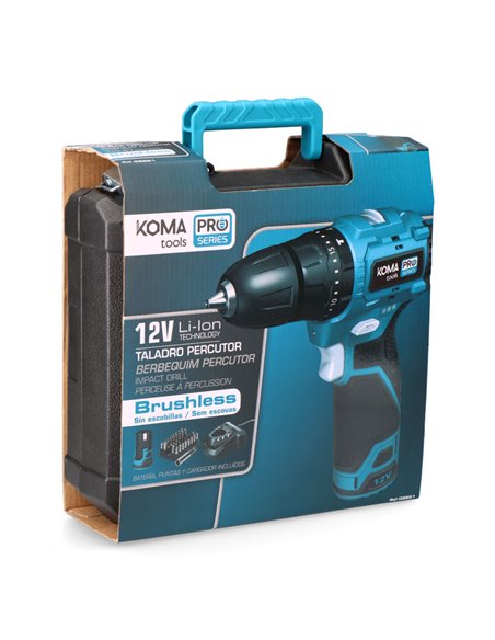 Kit maletín taladro percutor brushless 12 v con accesorios, bateria y cargador