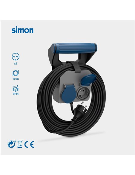 Prolongador expert de pared 2 tomas con tapa ip44 h05rr-f 4 g 1,5 mm² 16 a 230 v~ 10 m negro/gris/azul