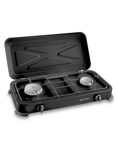 Cocina de gas butano/propano esmaltada 2 quemadores, negra, 570 x 300 x 65 mm