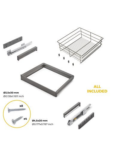 Emuca Kit de cajón de alambre y bastidor regulable Quartz para armarios, guías de cierre suave y extracción total, Módulo 60cm, 