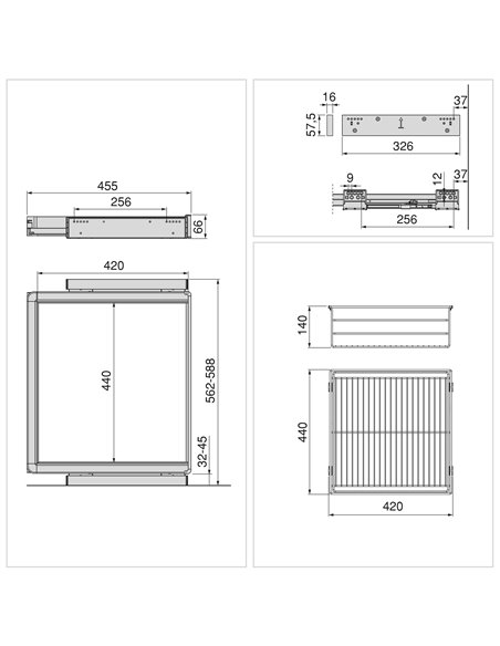 Emuca Kit de cajón de alambre y bastidor regulable Quartz para armarios, guías de cierre suave y extracción total, Módulo 60cm, 