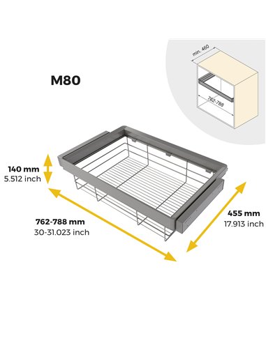 Emuca Kit de cajón de alambre y bastidor regulable Quartz para armarios, guías de cierre suave y extracción total, Módulo 80cm, 