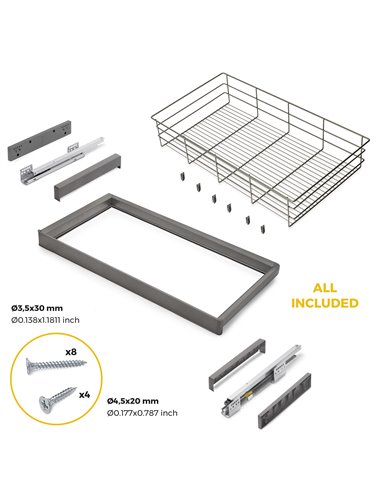 Emuca Kit de cajón de alambre y bastidor regulable Quartz para armarios, guías de cierre suave y extracción total, Módulo 90cm, 