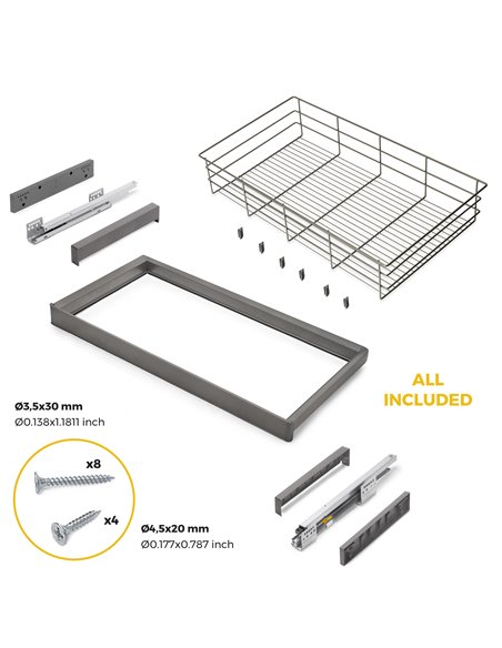 Emuca Kit de cajón de alambre y bastidor regulable Quartz para armarios, guías de cierre suave y extracción total, Módulo 90cm, 