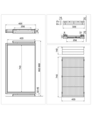 Emuca Kit de cajón de alambre y bastidor regulable Quartz para armarios, guías de cierre suave y extracción total, Módulo 90cm, 