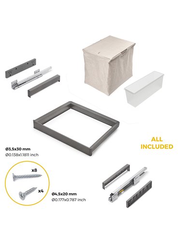 Emuca Kit de bandeja auxiliar, cesto y bastidor regulable Quartz para armarios, guías de cierre suave y extracción total, Módulo
