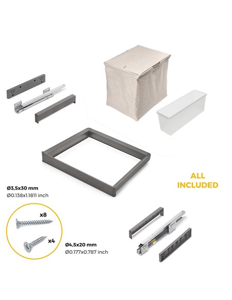 Emuca Kit de bandeja auxiliar, cesto y bastidor regulable Quartz para armarios, guías de cierre suave y extracción total, Módulo