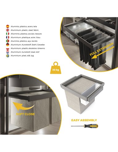 Emuca Kit de bandeja auxiliar, cesto y bastidor regulable Quartz para armarios, guías de cierre suave y extracción total, Módulo