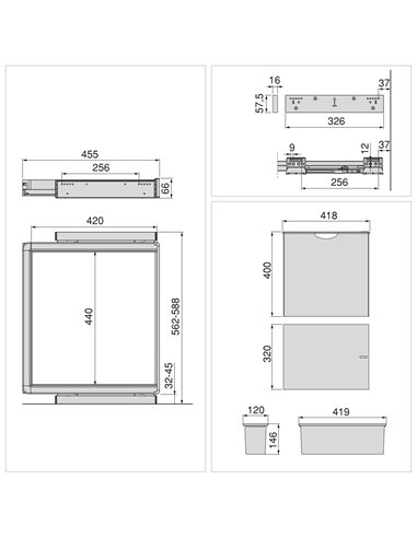 Emuca Kit de bandeja auxiliar, cesto y bastidor regulable Quartz para armarios, guías de cierre suave y extracción total, Módulo