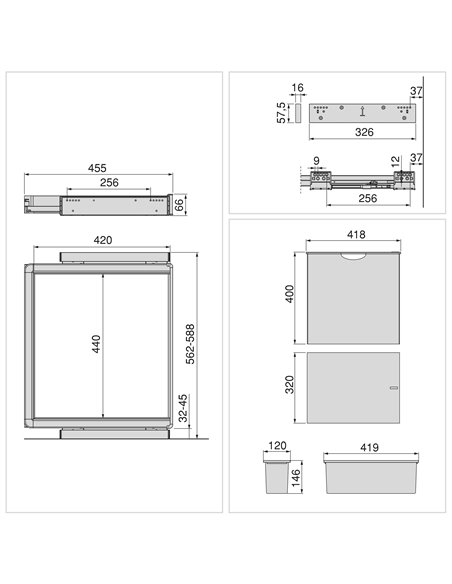 Emuca Kit de bandeja auxiliar, cesto y bastidor regulable Quartz para armarios, guías de cierre suave y extracción total, Módulo