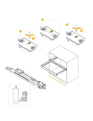 Emuca Kit de bandeja auxiliar, cesto y bastidor regulable Quartz para armarios, guías de cierre suave y extracción total, Módulo