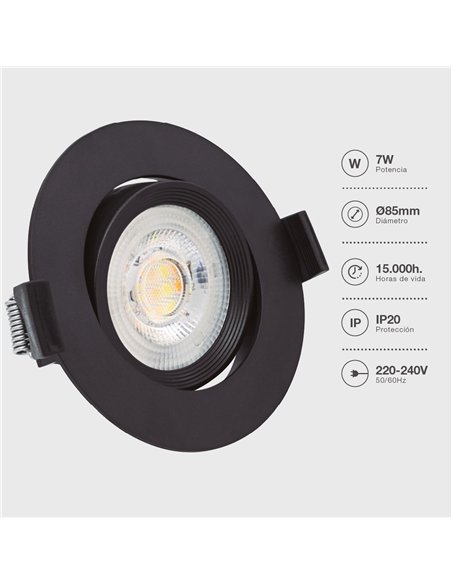 Aro basculante redondo empotrable LED Gonde 7W 3000-4000-6500K Negro