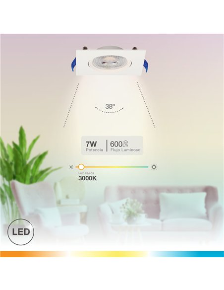 Aro basculante cuadrado empotrable LED Cumbo 7W 3000K Blanco