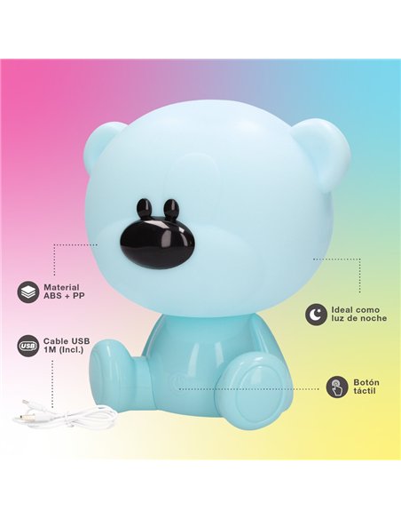 Luz de noche infantil LED Osito 5W RGB + luz día con altavoz y batería Azul