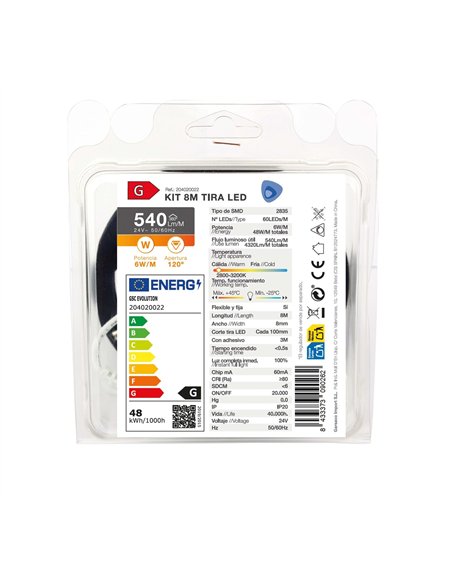 Kit 8M Tira de LED 6W/M IP20 2800K-3200K preparado