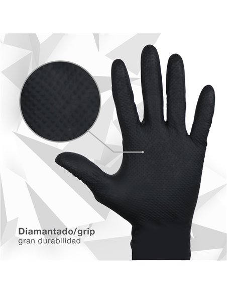 Caja 50 guantes desechables de nitrilo diamantado/grip Negro - Talla M