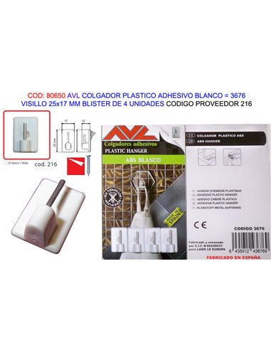 AVL COLGADOR PLAST.ADHESIVO BCO.VISILLO 25x17MM BL4U3676 (216)