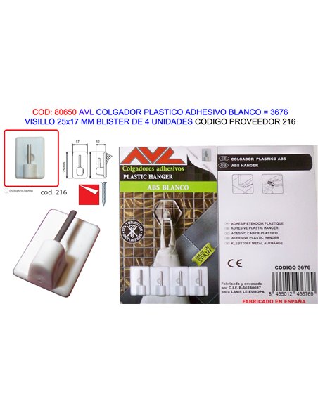 AVL COLGADOR PLAST.ADHESIVO BCO.VISILLO 25x17MM BL4U3676 (216)