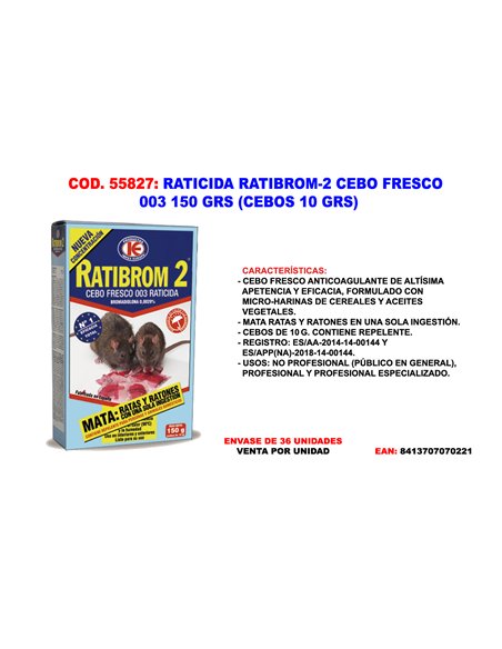 RATICIDA RATIBROM-2 CEBO FRESCO 003 150 GR (CEBOS 10 GR) D01.311