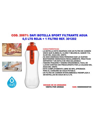 DAFI FINSTOCK BOTELLA FILTRANTE AGUA 0.5 ROJA+1 FILTRO301202