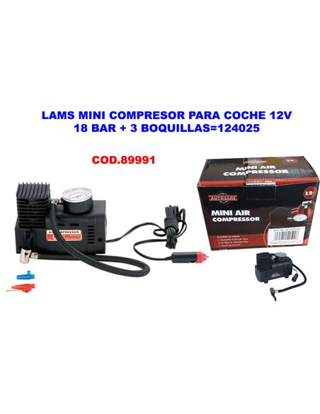 LAMS MINI COMPRESOR PARA COCHE 12V18 BAR+3 BOQUILLAS124025