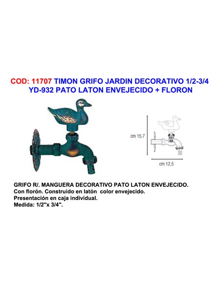 PLUVIA GRIFO JARDIN DECORATIVO YD932 PATO 1/2-3/4 LATON ENV+FLOR