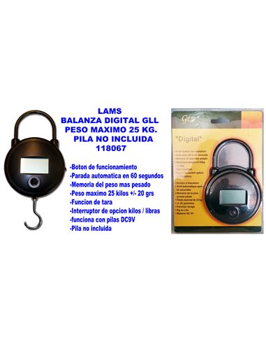 LAMS BALANZA DIGITAL GLL MAXIMO 25 KG. (PILA NO INCLUIDA)118067