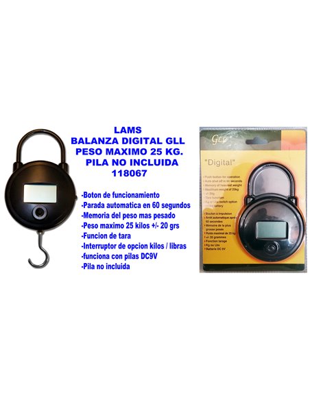 LAMS BALANZA DIGITAL GLL MAXIMO 25 KG. (PILA NO INCLUIDA)118067
