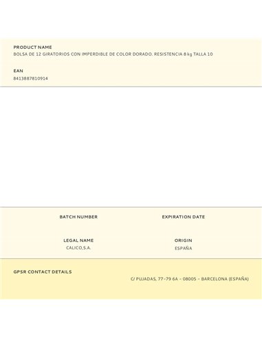 Confezione da 12 girelle con spilla di sicurezza color oro. Capacità 8 kg. Misura 10.