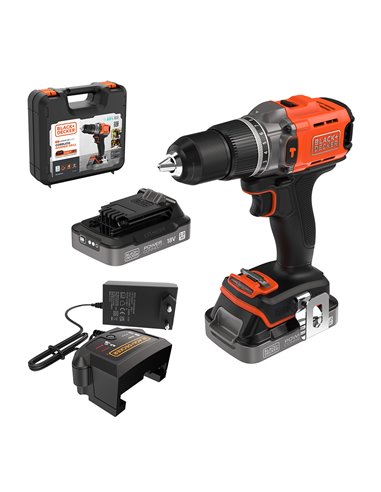 18V hammer drill, with two 2Ah lithium batteries, 1Ah quick charger and case