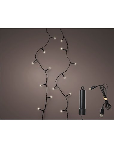 Multifunction outdoor LED string with battery, 100 LEDs, cold light, and a 7.4 m black cable.
